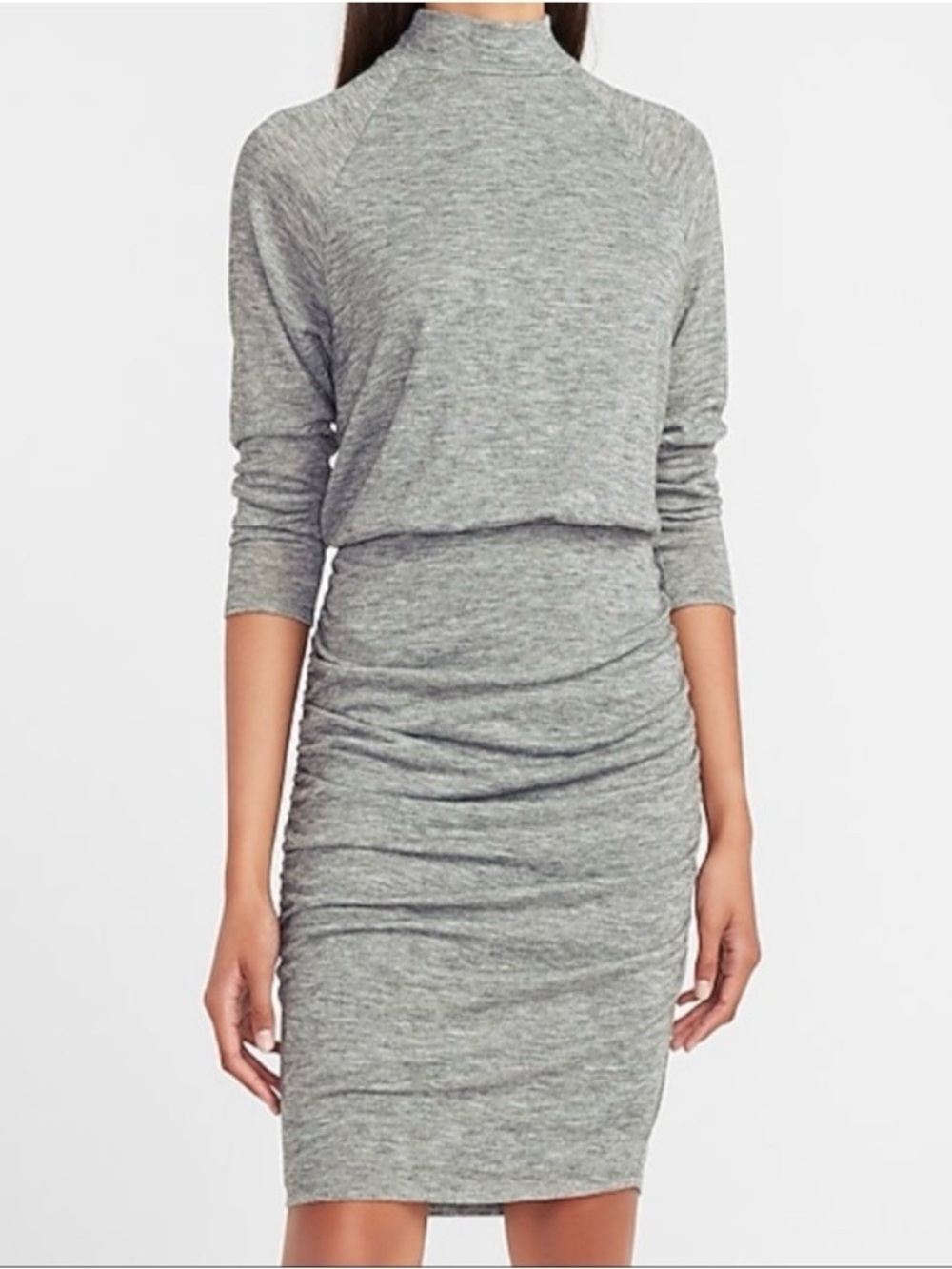 Express Gray Mock Turtleneck Long Sleeve Ruched Knit Midi Chic Dress medium